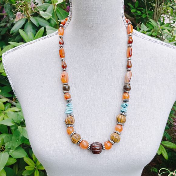 Y2K Carnelian Howlite Glass Wood Boho Artisan Chunky Beaded Necklace 27" - Picture 2 of 11